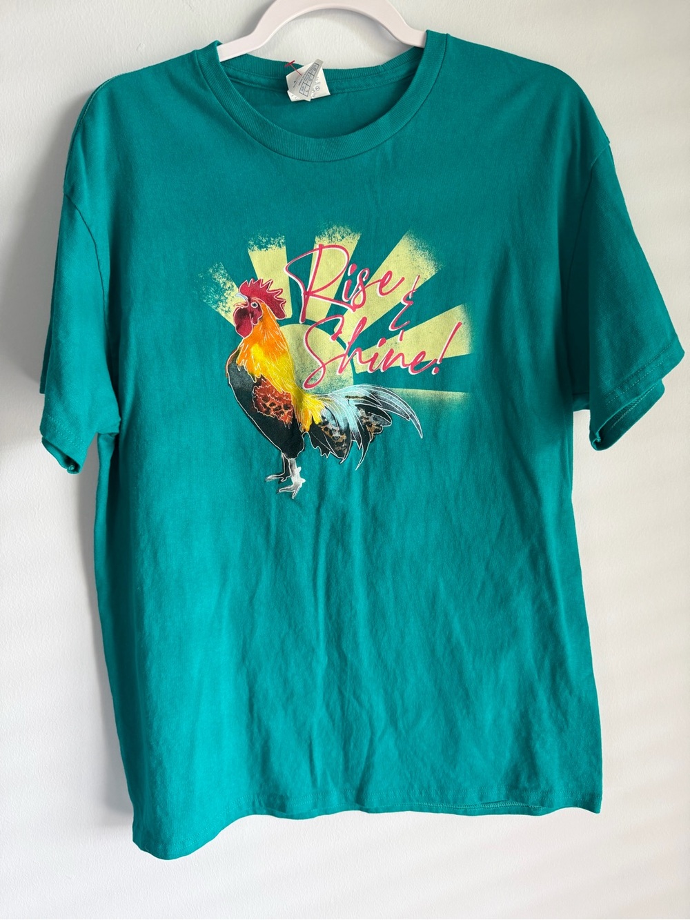 Delta Pro Weight Rise & Shine Rooster Graphic T-Shirt Teal Green Men's Size L
